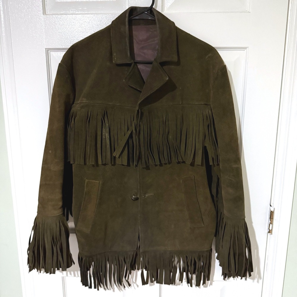 Three Eagles Co Vintage Olive Green Suede Fringe Jacket Hand Made Hong Kong